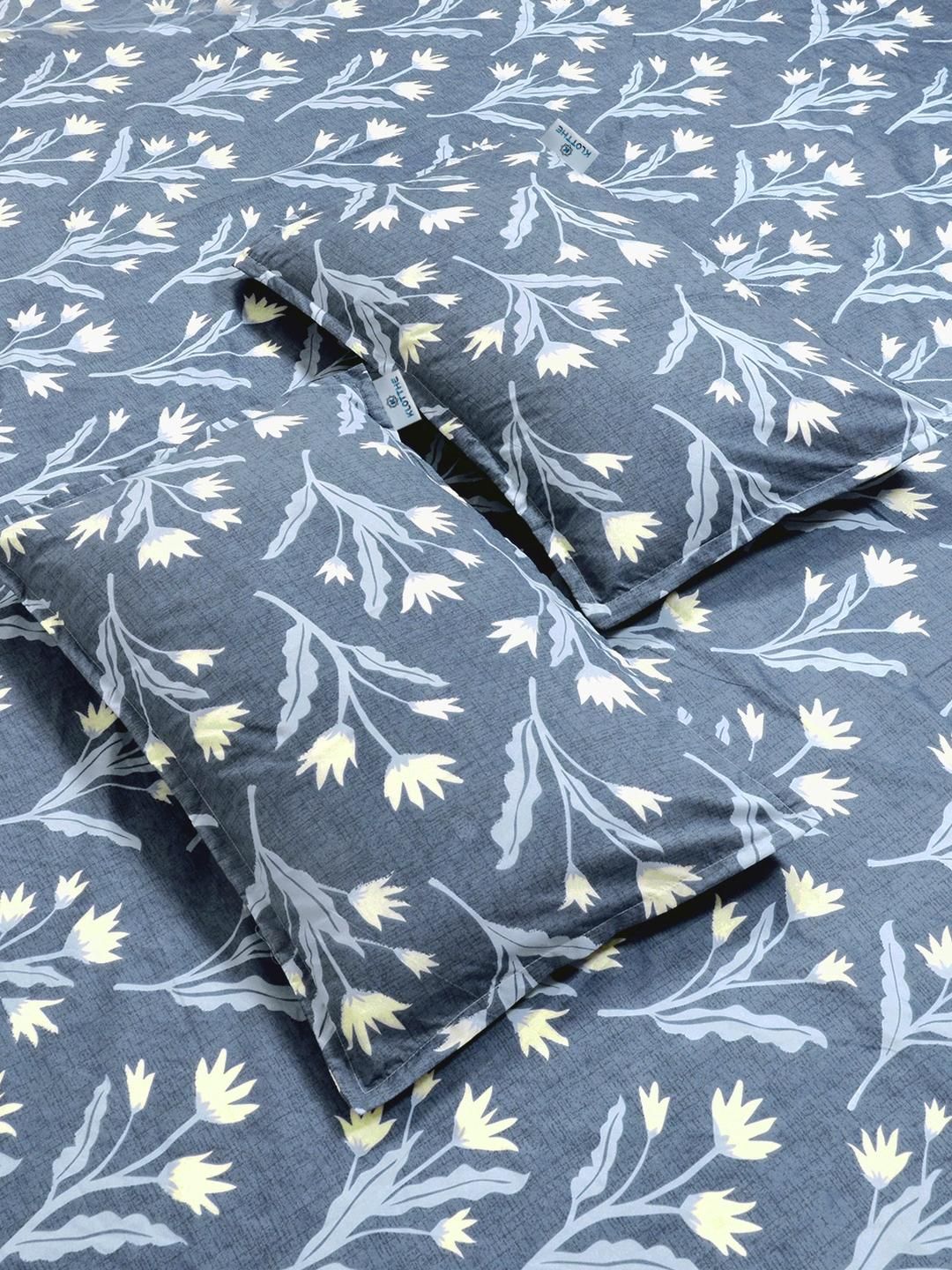 KLOTTHE Blue Floral Printed Dilengkapi 300 King Dilengkapi Cadar Katil Double Dengan 2 Sarung Bantal