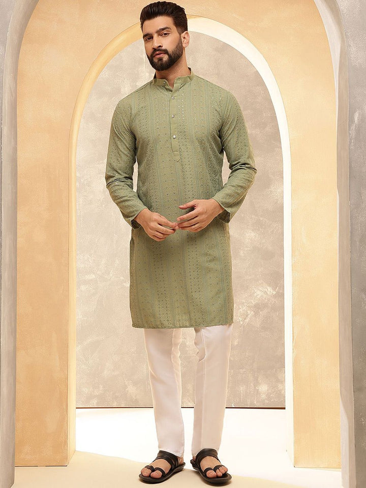 Anouk Green Geometric Sulam Jujukan Jalur Kolar Kurta Lurus