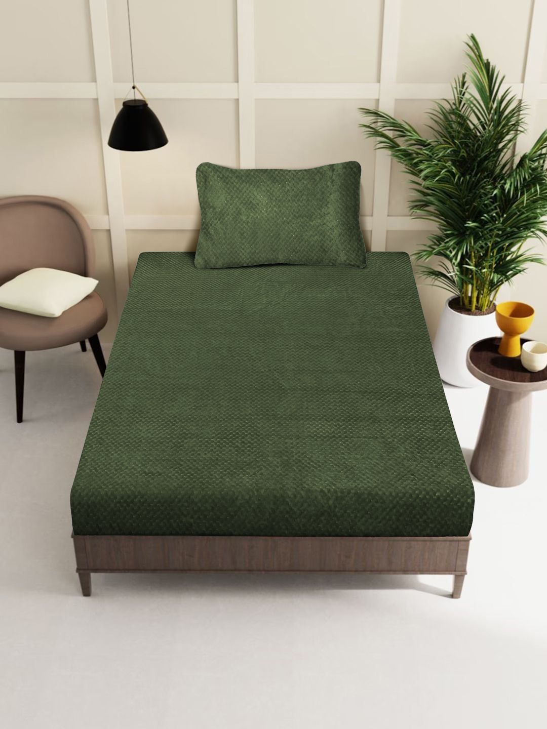 Myntra Elegant Homes Green Solid Fitted 300 TC Wool Single Bedsheet With 1 Pillow Cover