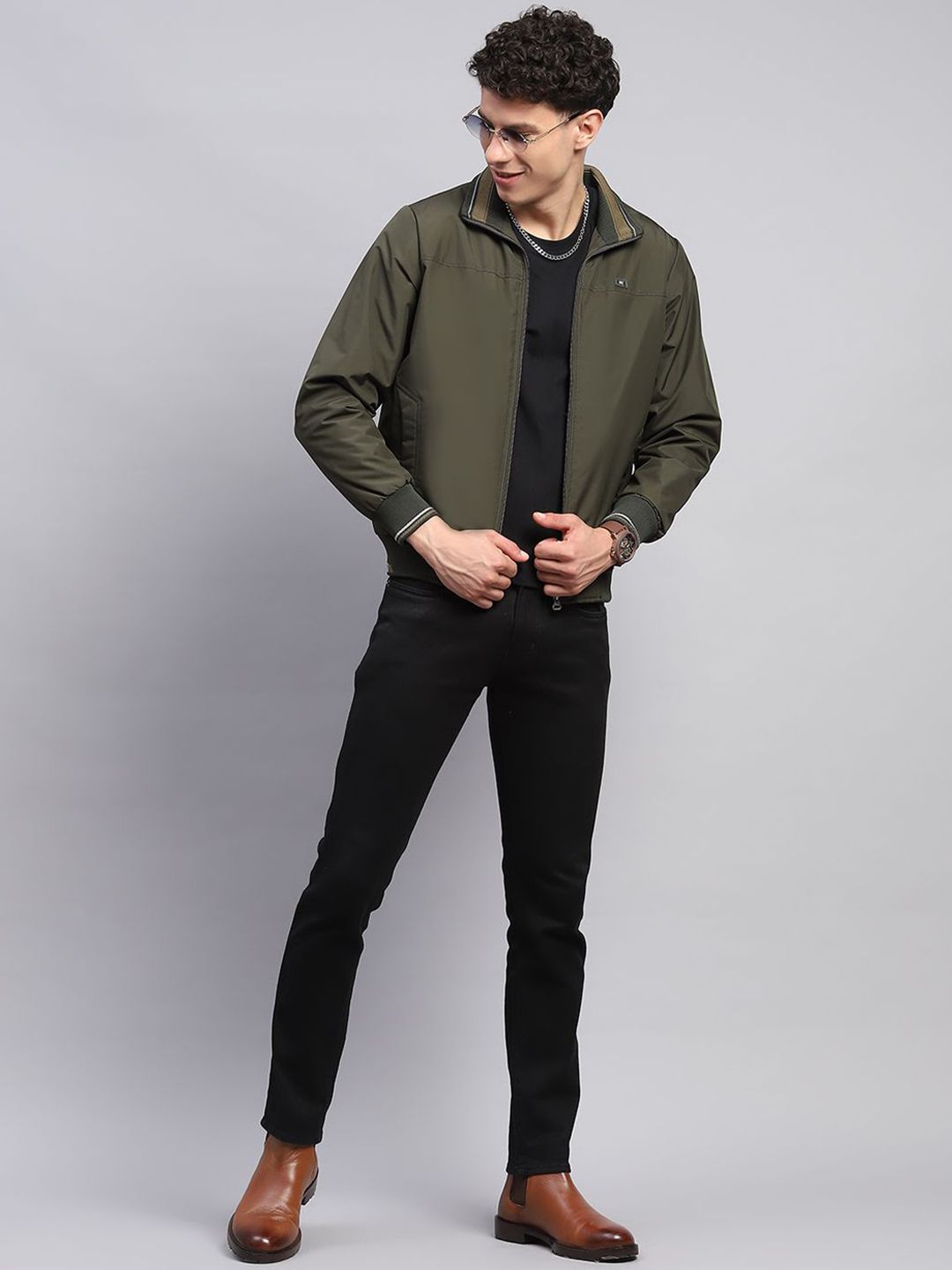 Monte Carlo Men Mock Collar Solid Casual Bomber Jacket