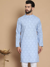 Anouk Blue Ethnic Motifs Printed Mandarin Collar Pure Cotton Straight Kurta