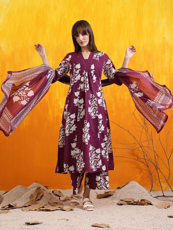 KALINI Floral Printed Pleated V-Neck Sequinned A-Line Kurta With Palazzos And Dupatta