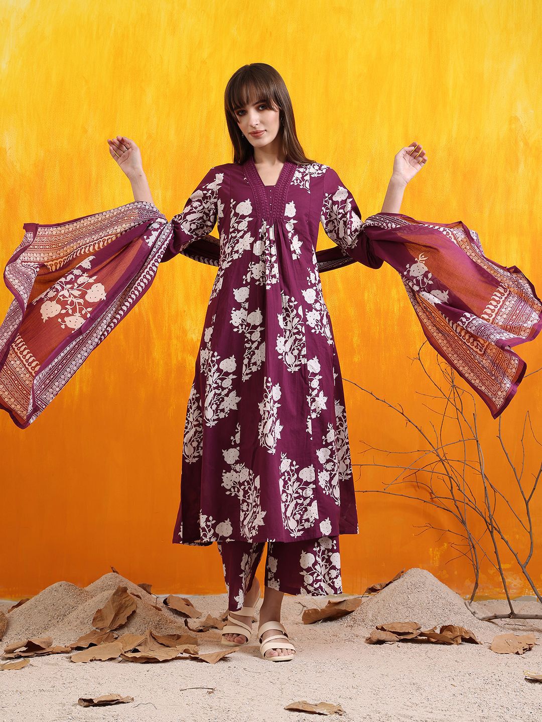 KALINI Floral Printed Pleated V-Neck Sequinned A-Line Kurta With Palazzos And Dupatta