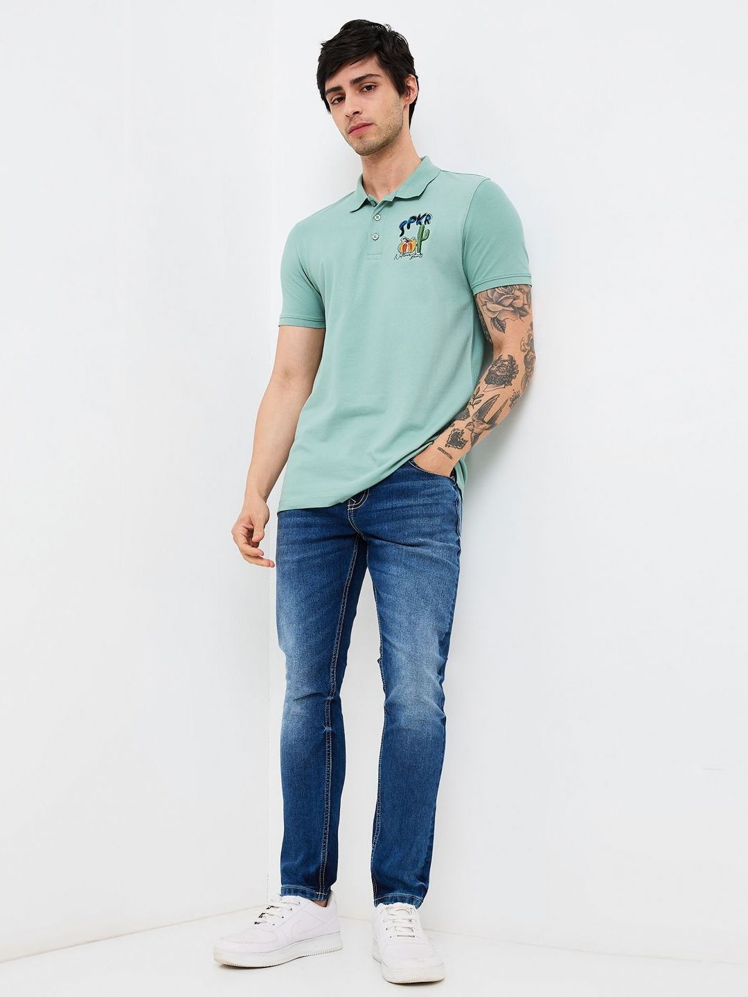 SPYKAR Men Graphic Printed Polo Collar Cotton Slim Fit T-shirt
