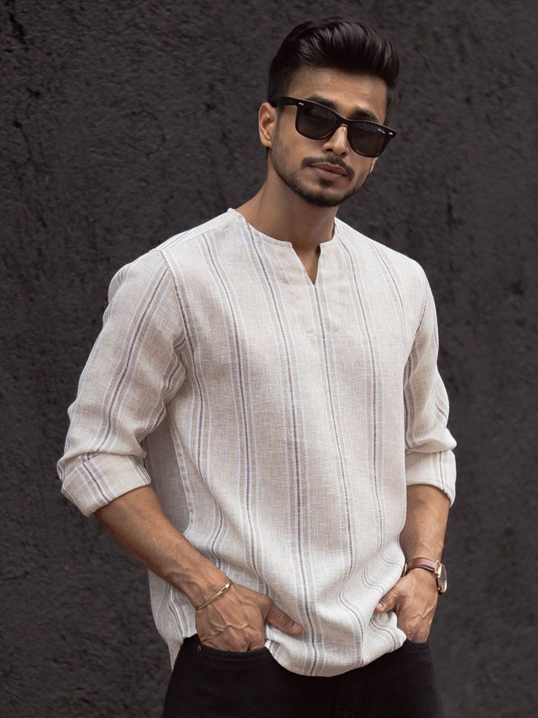 Powerlook Men Collarless Solid Cotton Casual Shirt