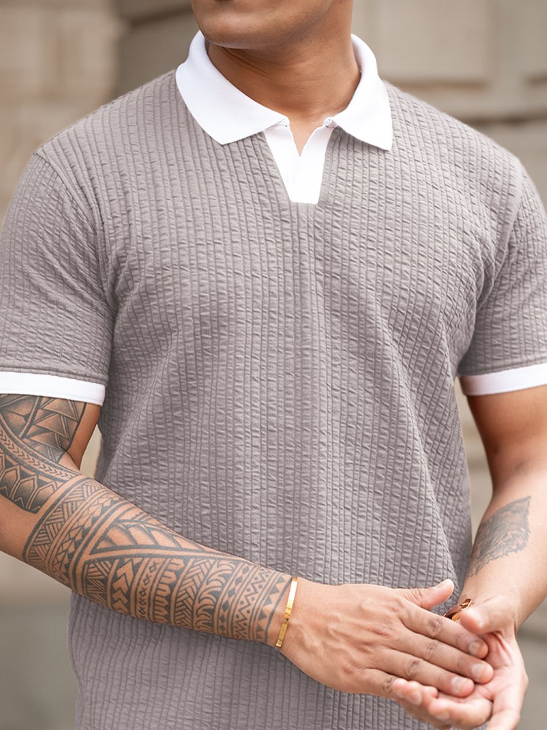 Powerlook Men Self Design Polo Collar Cotton T-shirt