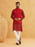 SOJANYA Geometrik Labuci Band Kolar Kapas Tulen Kurta Dengan Churidar Dan Jaket Nehru