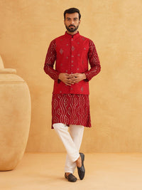 SOJANYA Geometrik Labuci Band Kolar Kapas Tulen Kurta Dengan Churidar Dan Jaket Nehru