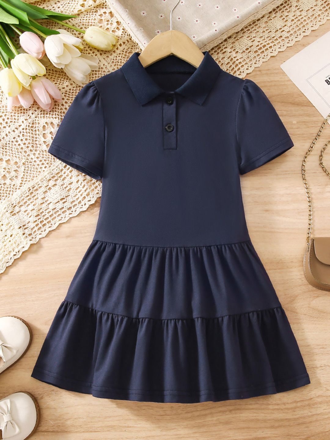 YK Girls Solid Shirt Collar A-Line Dress