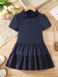 YK Girls Solid Shirt Collar A-Line Dress