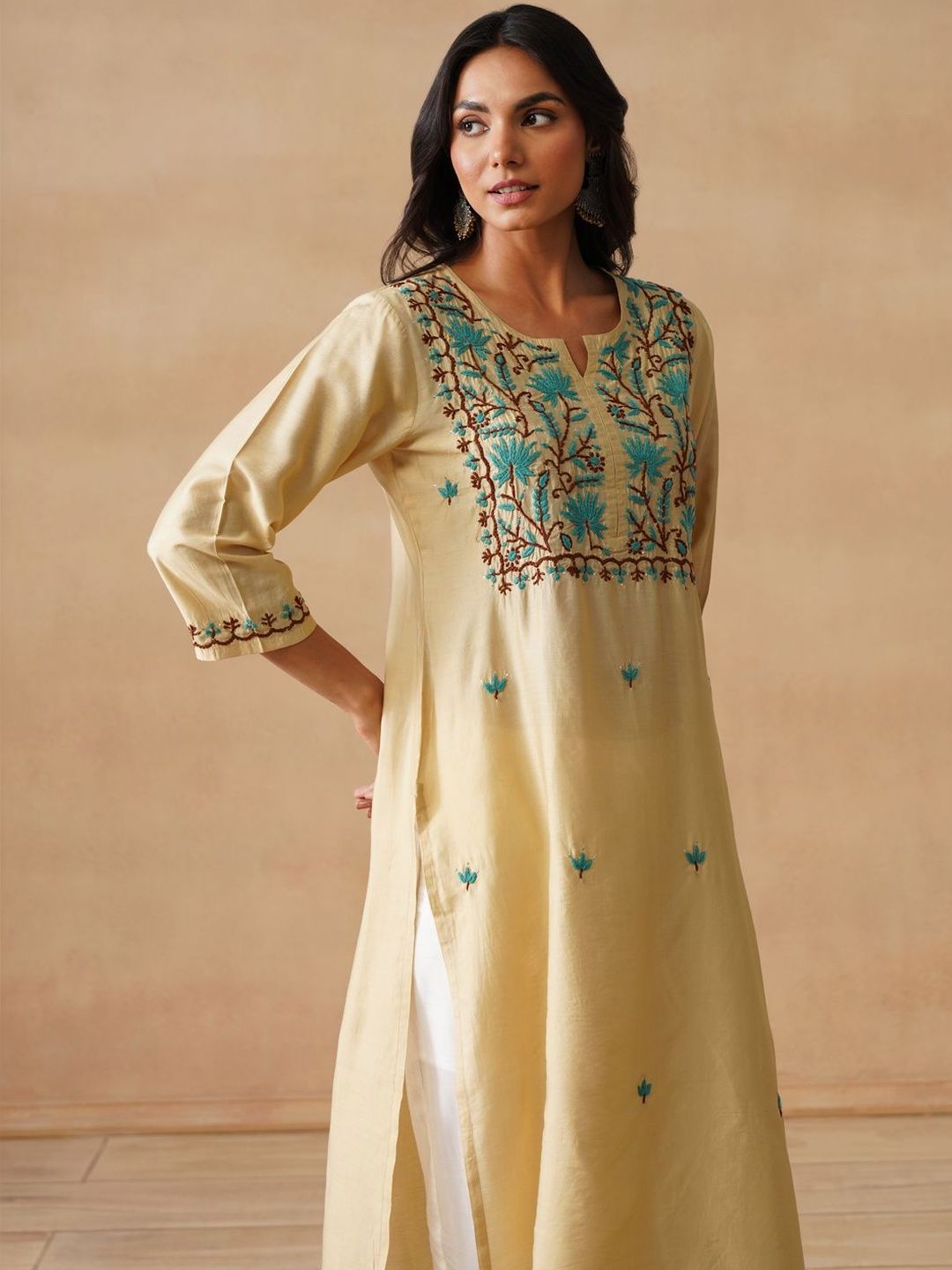 House of Chikankari Women Solid Beige Cotton Kurta