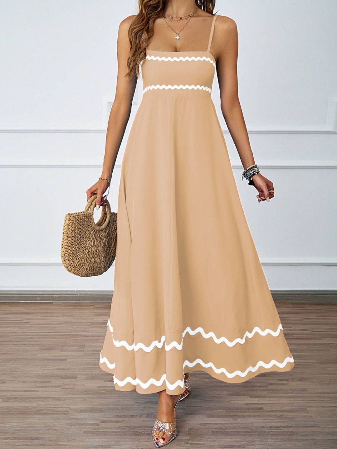 all about you Women Solid Square Neck Shoulder Straps Maxi Dress