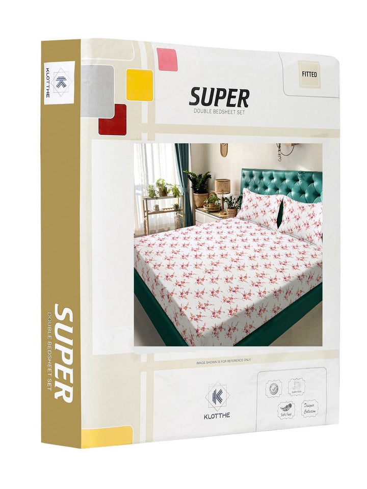 KLOTTHE White Floral Polycotton 300 TC Fitted King Fine Bedsheet dengan 2 Sarung Bantal-98 x 89 inci