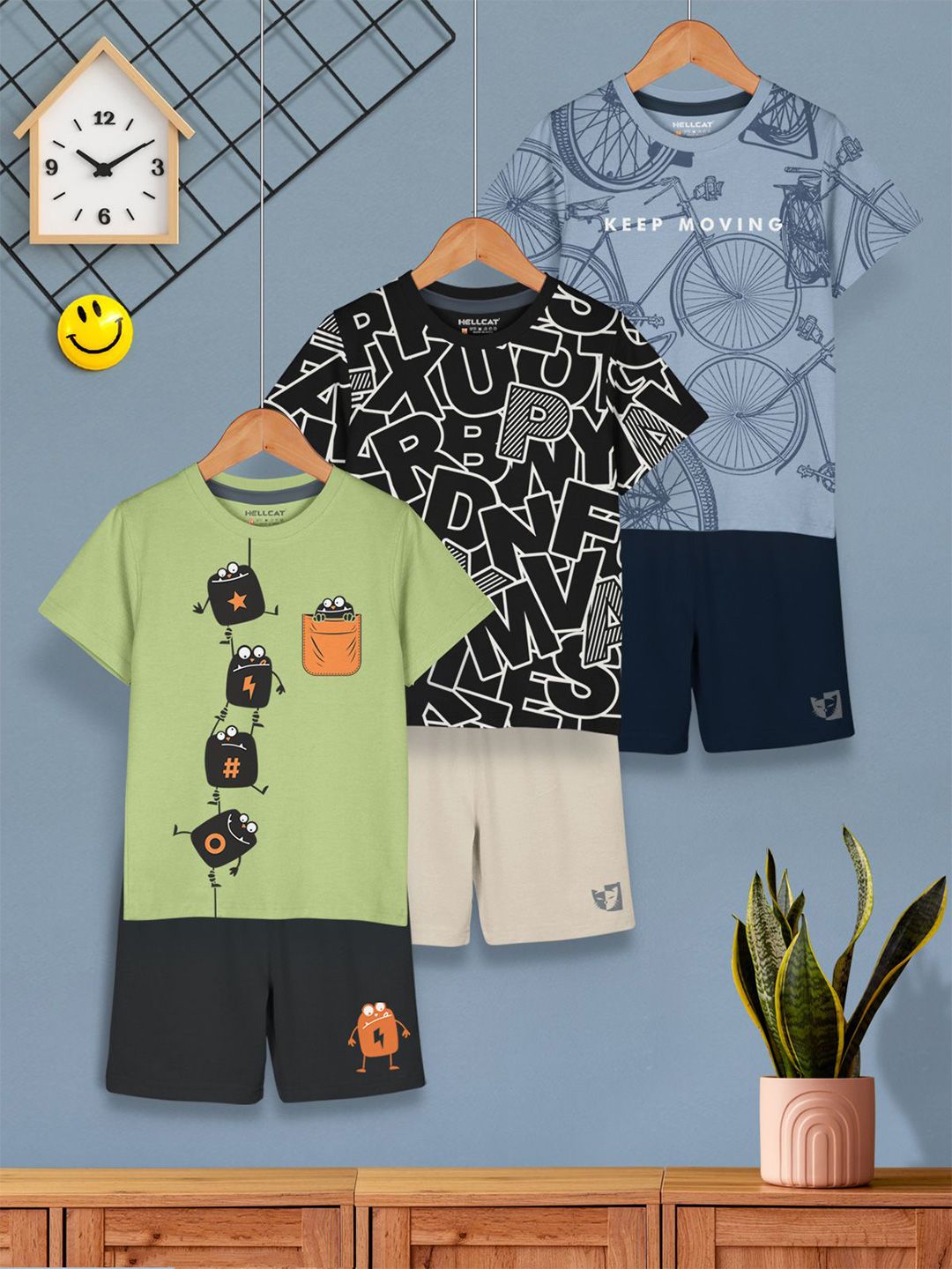 HELLCAT Boys Pack Of 3 Printed Round Neck T-shirt With Shorts