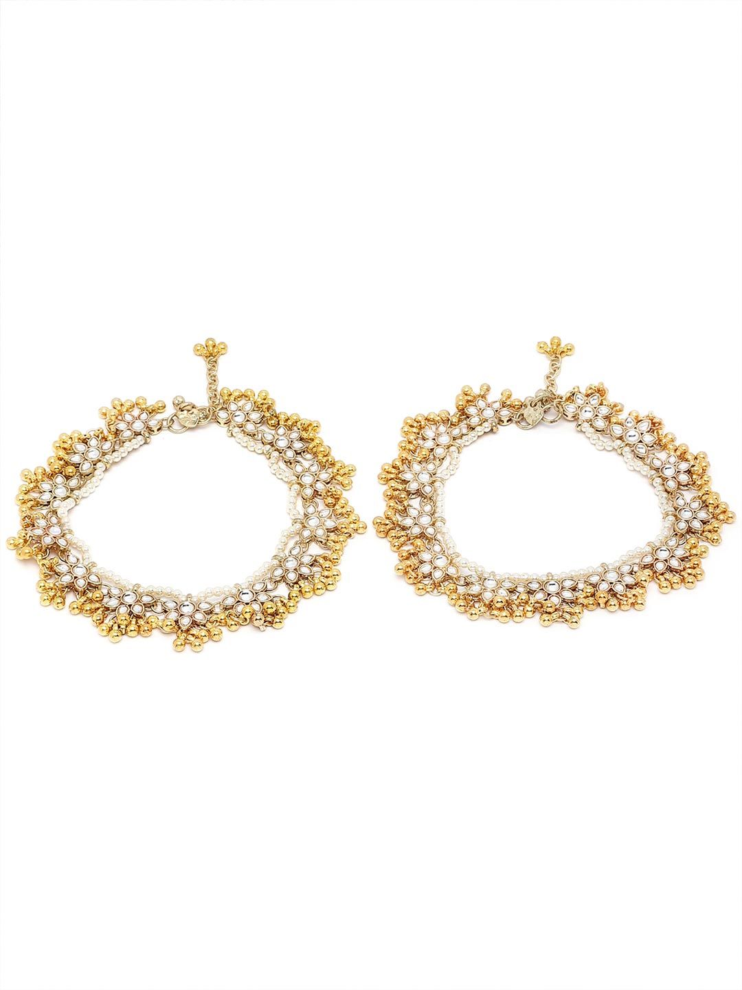 KARATCART Set Of 2 Gold-Plated White Kundan-Studded Anklets