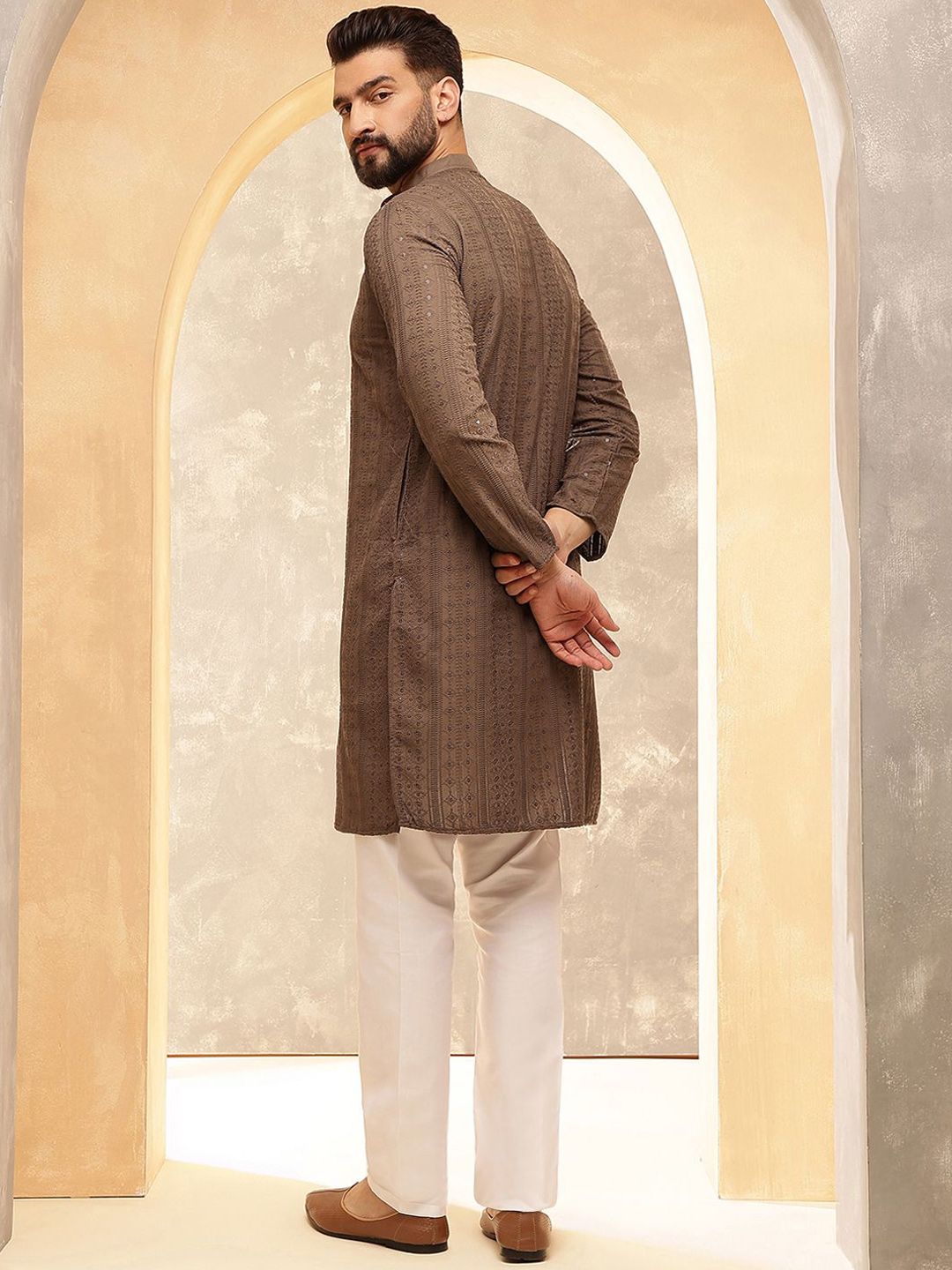 Anouk Dark Brown Embroidered Sequinned Mandarin Collar Pure Cotton Kurta With Trouser