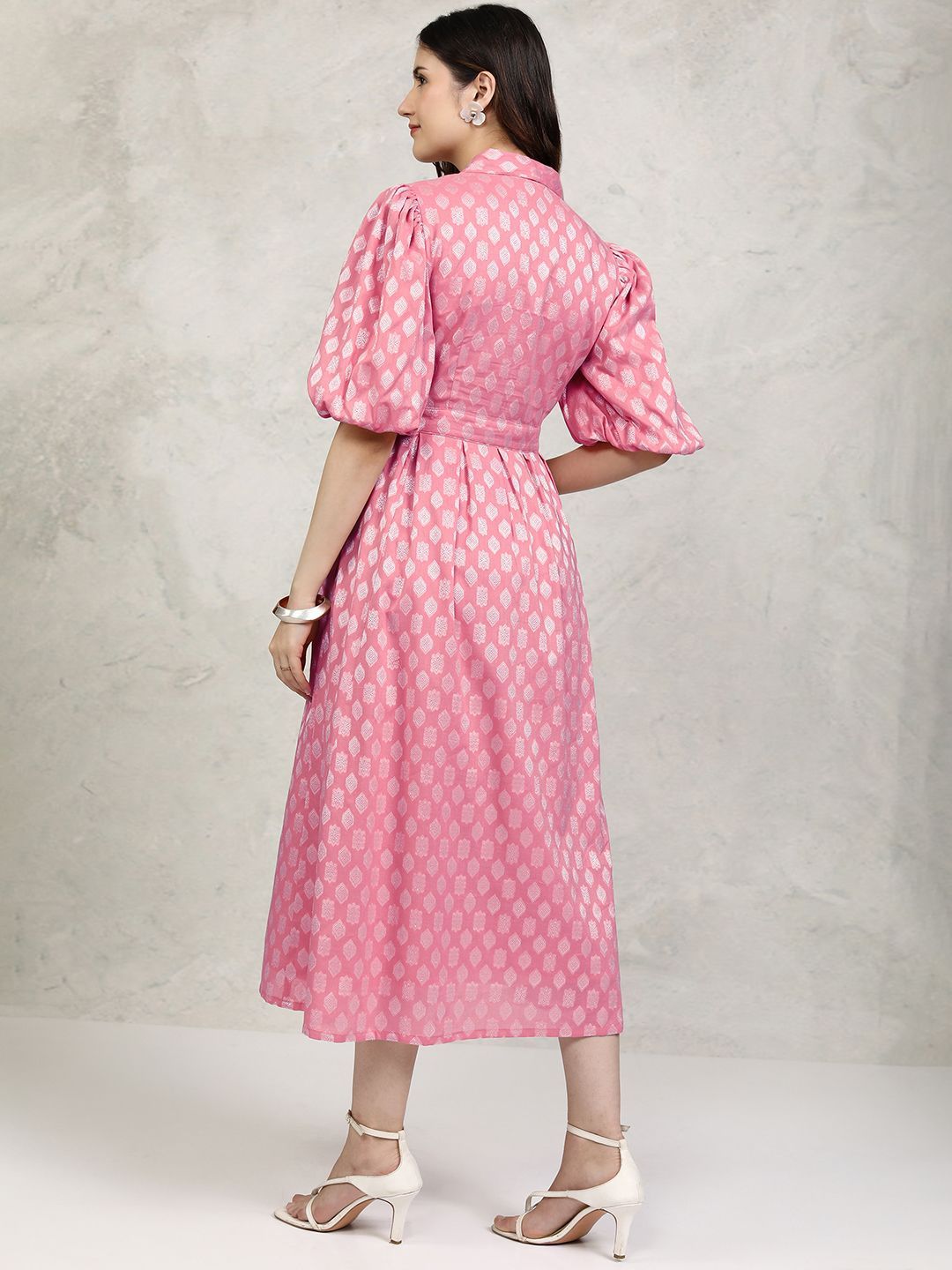Vishudh Ethnic Motifs Cotton Puff Sleeve Shirt Midi Dress