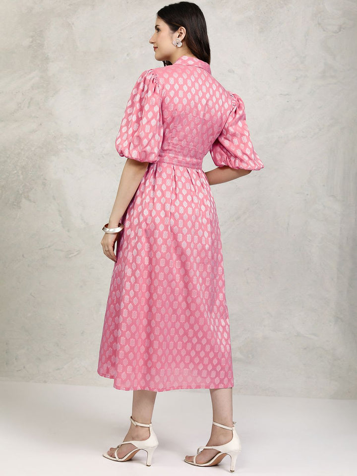 Vishudh Ethnic Motifs Cotton Puff Sleeve Shirt Midi Dress