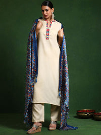 Varanga Embroidered Thread Work Mandarin Collar Straight Kurta with Trousers & Dupatta