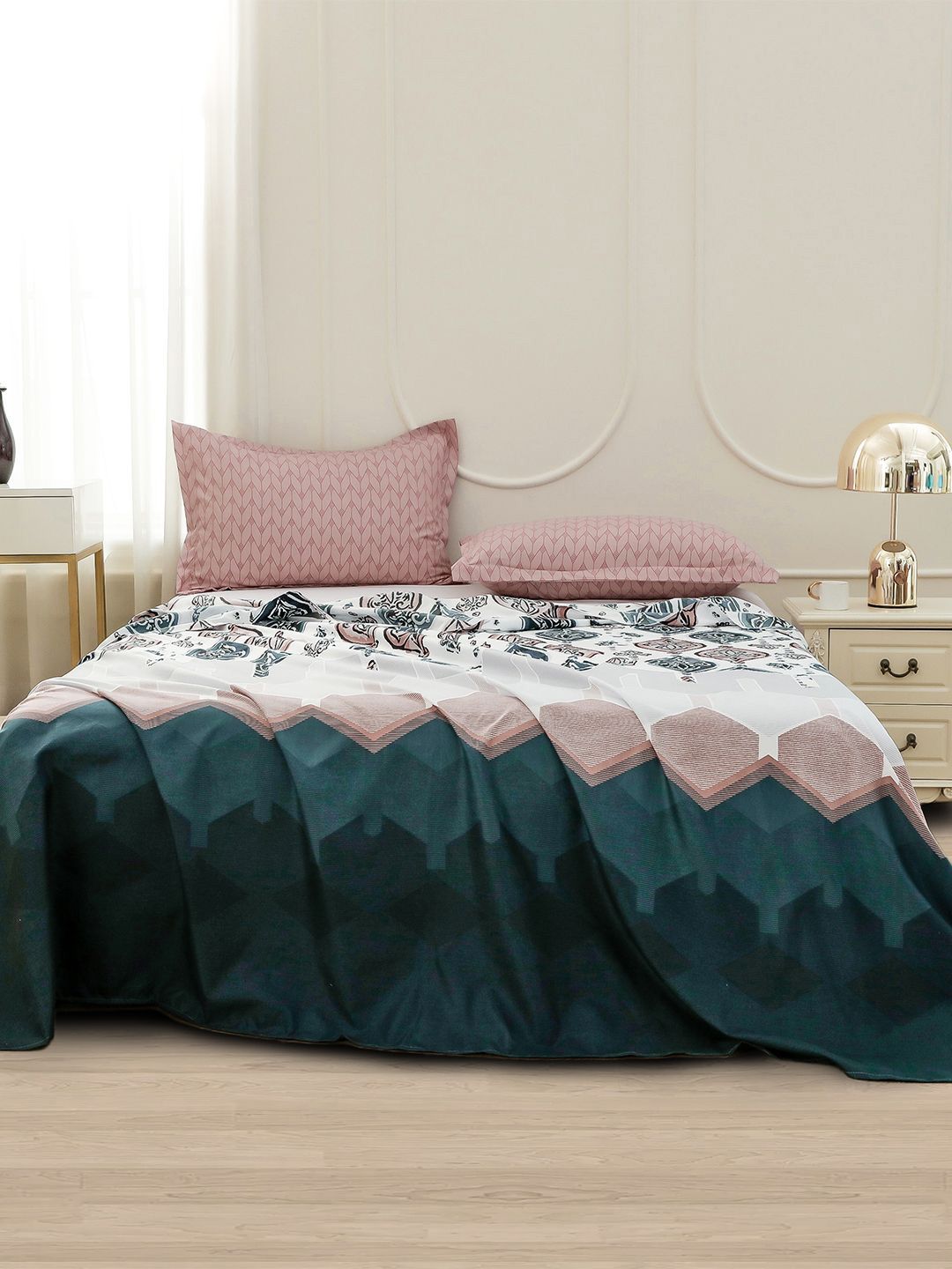 Story@home White Ethnic Printed 240 TC Satin Finish Queen Bedsheet Set
