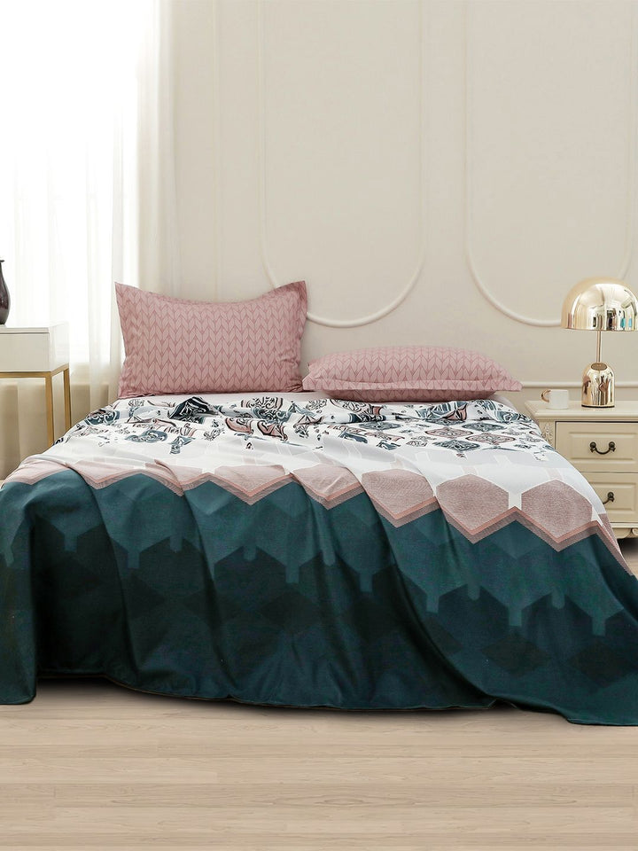 Story@home White Ethnic Printed 240 TC Satin Finish Queen Bedsheet Set