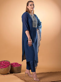 Mamicha Women Woven Design Embroidered Cotton A-Line Kurta with Trousers & Dupatta