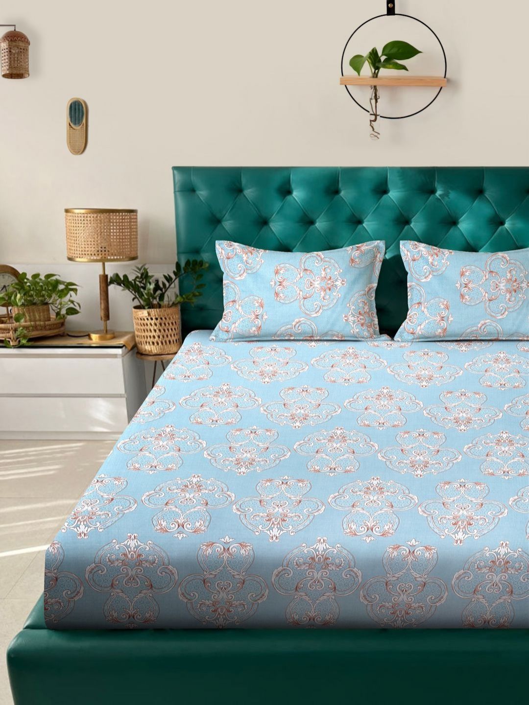 Myntra Elegant Homes Blue & White Printed 300 TC King Bedsheet Set 2.50 m x 2.25 m