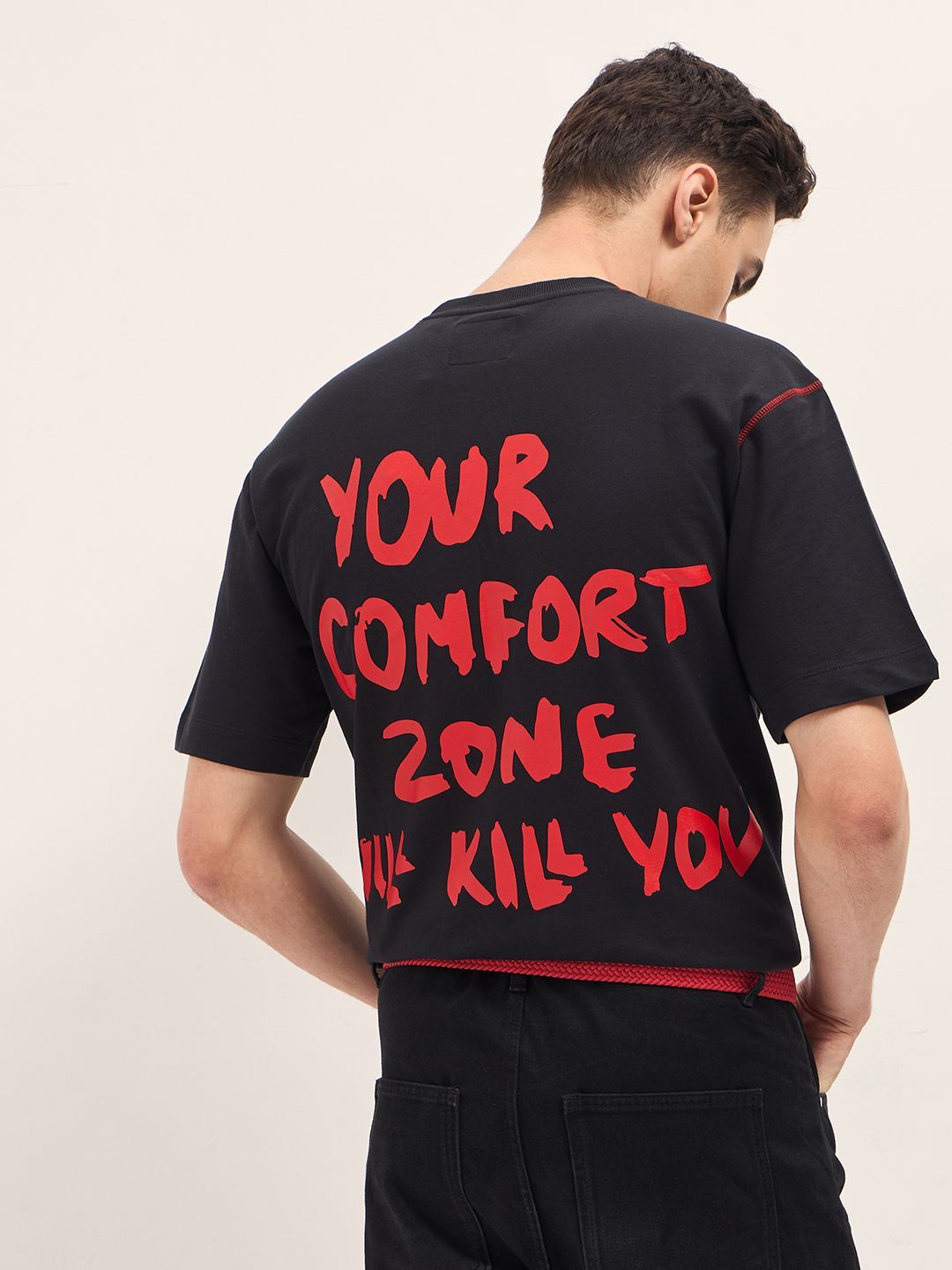THE BEAR HOUSE Men Typography Printed Round Neck Cotton Oversized T-shirt