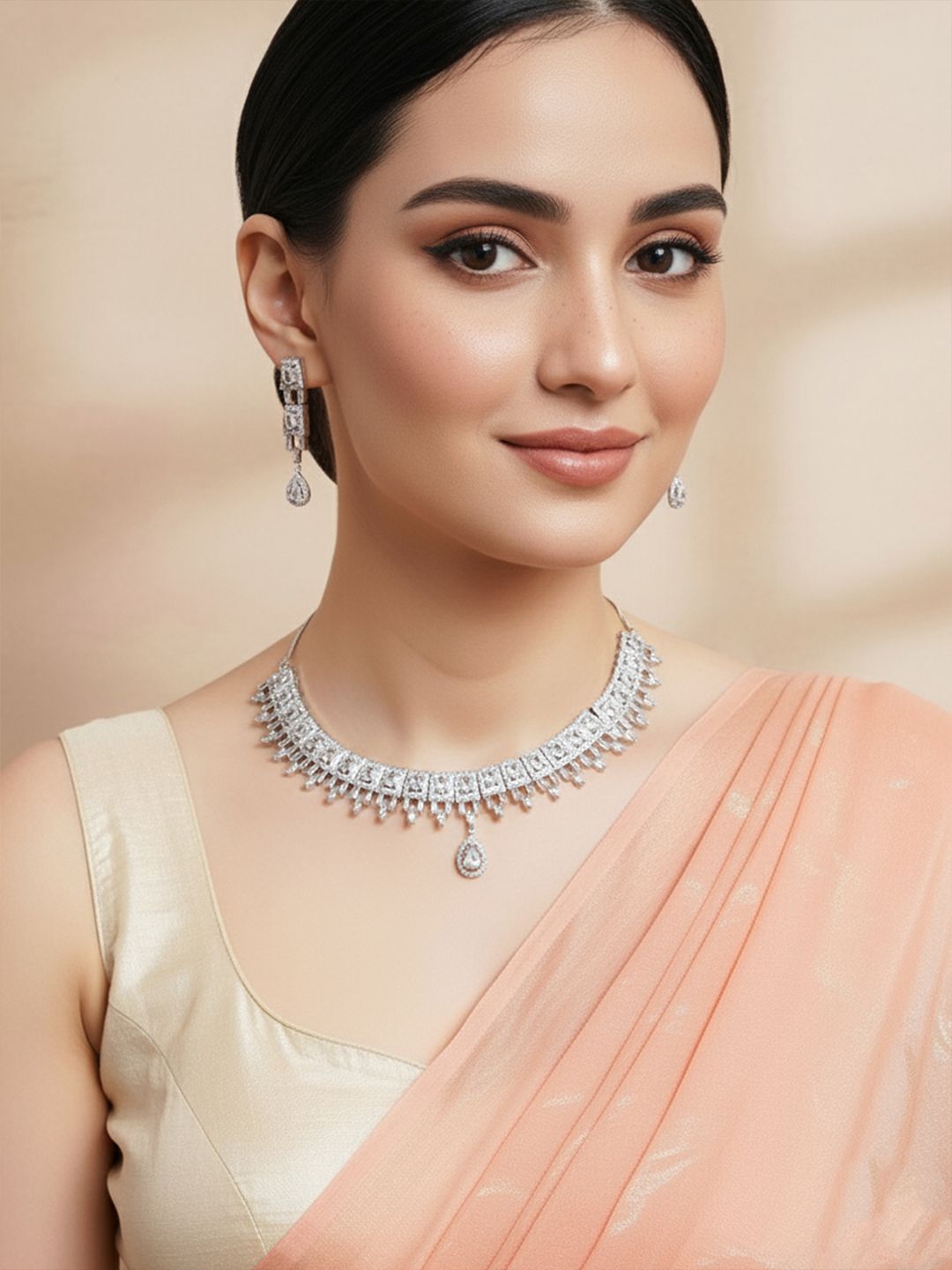 KARATCART Silver-Plated American Diamond Studed Choker Necklace Set
