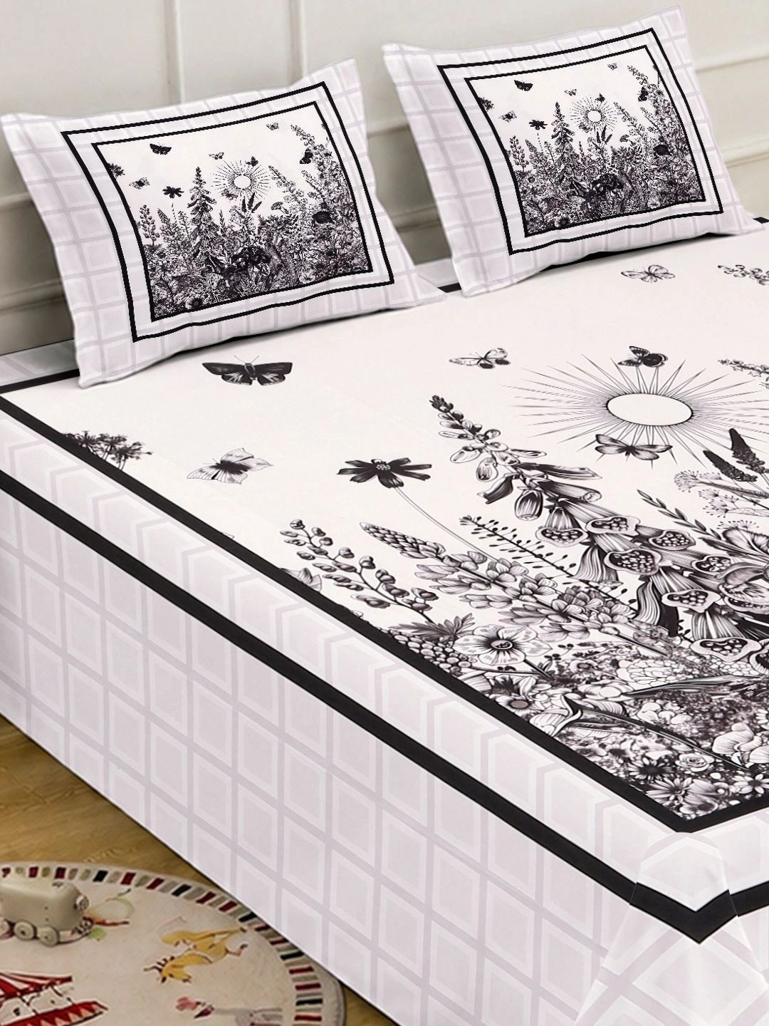 KLOTTHE White Floral Printed Fitted 400 TC King 7D Bedsheet with 2 Pillow Covers