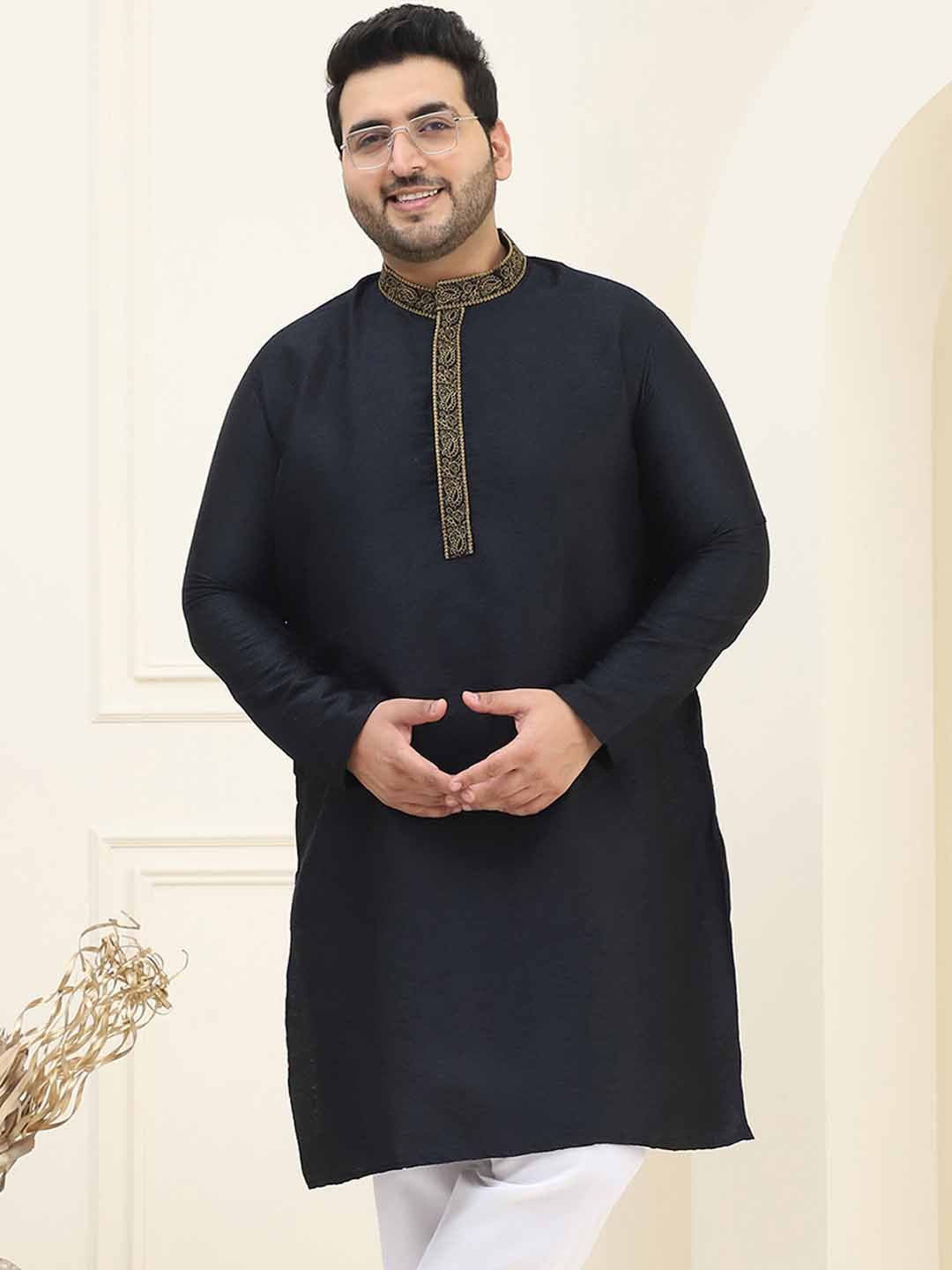 SOJANYA Plus Mandarin Collar Long Sleeves Thread Work Cotton Straight Kurta