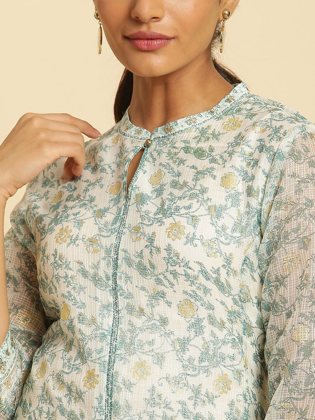 W Floral Printed Mandarin Collar A-Line Kurta