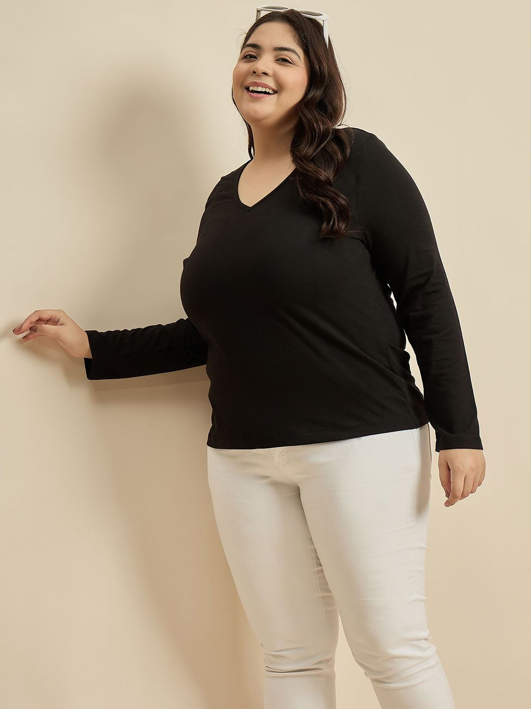 Curvy Street Women Solid V-Neck Cotton Plus T-Shirt