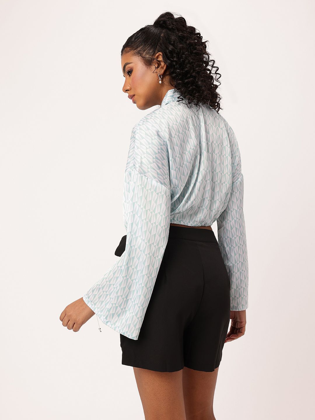 DressBerry Playful Tie-Ups Satiny Glam Blouson Shirt Style Crop Top