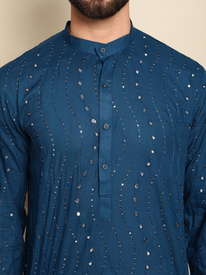Anouk Teal Blue Mandarin Collar Sequinned Pure Cotton Straight Kurta with Pyjamas