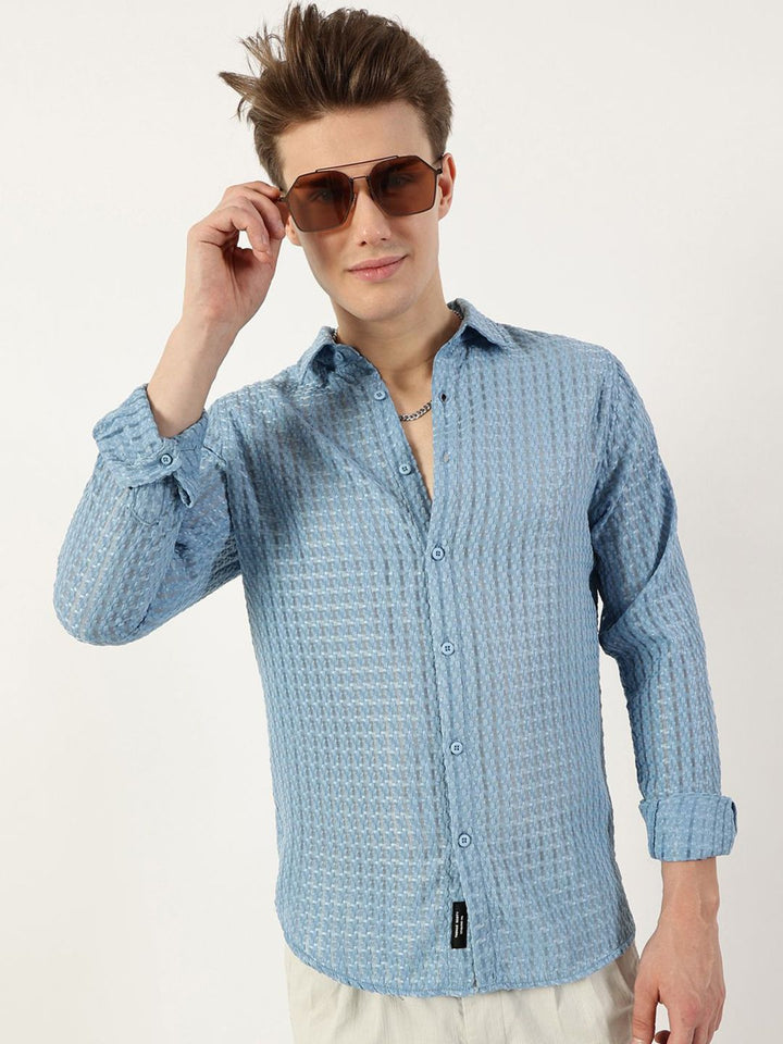 Thomas Scott Men Premium Spread Collar Textured Solid Slim Fit Casual Shirt