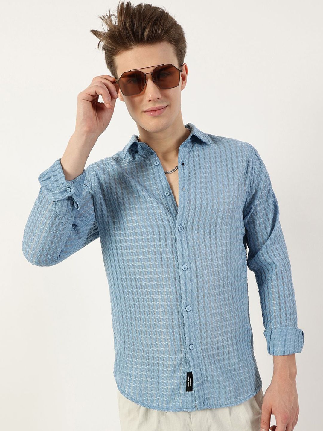 Thomas Scott Men Premium Spread Collar Textured Solid Slim Fit Casual Shirt
