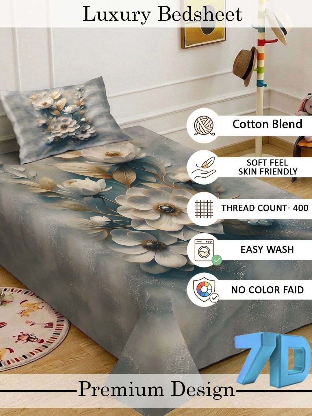 KLOTTHE Grey & Beige Floral Fitted 400 TC Single Cadar 7D dengan 1 Sarung Bantal