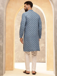 Anouk Blue Geometric Embroidered Mandarin Collar Pure Cotton Kurta With Pyjama
