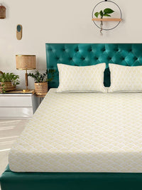 KLOTTHE White & Beige Printed 300 TC King Bedsheet With 2 Pillow Covers