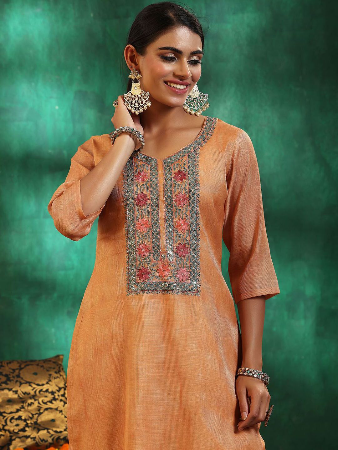 Libas Women Yoke Design Regular Beads and Stones Kurta with Trousers & With Dupatta