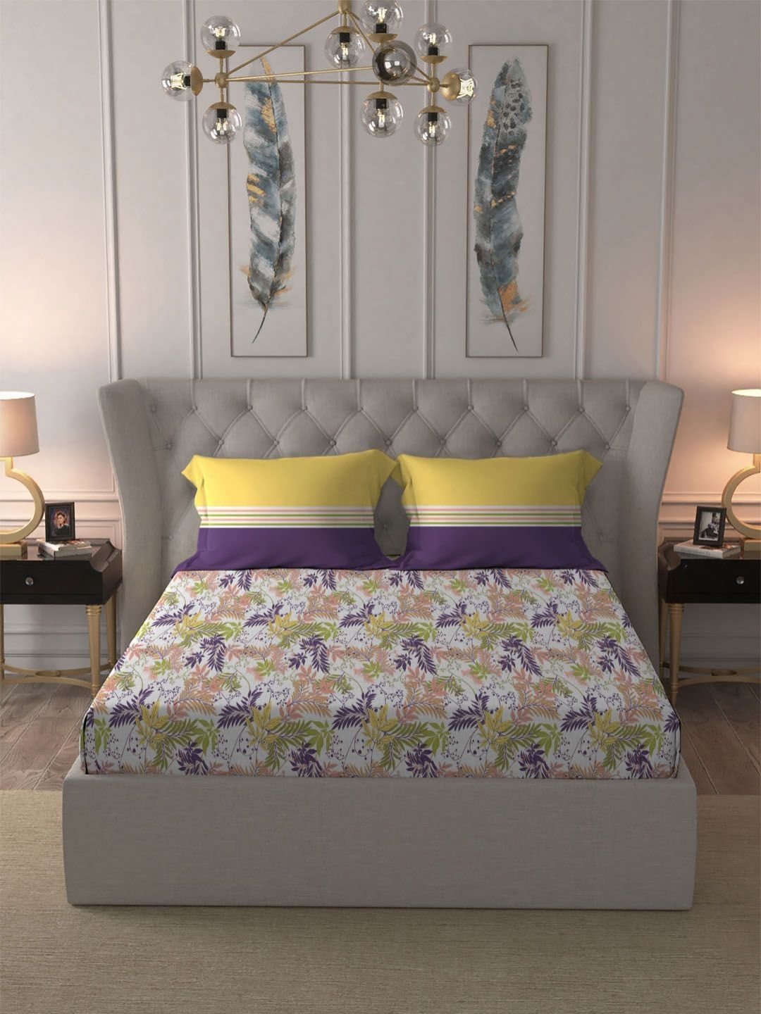 MYTRIDENT Firefly Purple Dusk & Dawn Flat 144TC Queen Cotton Bedsheet with 2 Pillow Covers