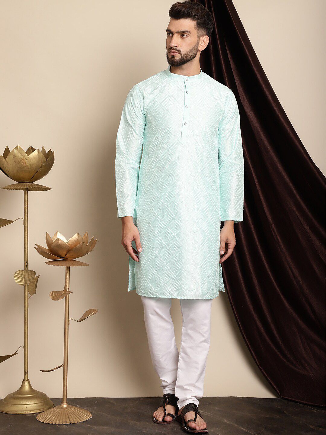 Anouk Men Sea Green Geometric Embroidered Kurta with Churidar
