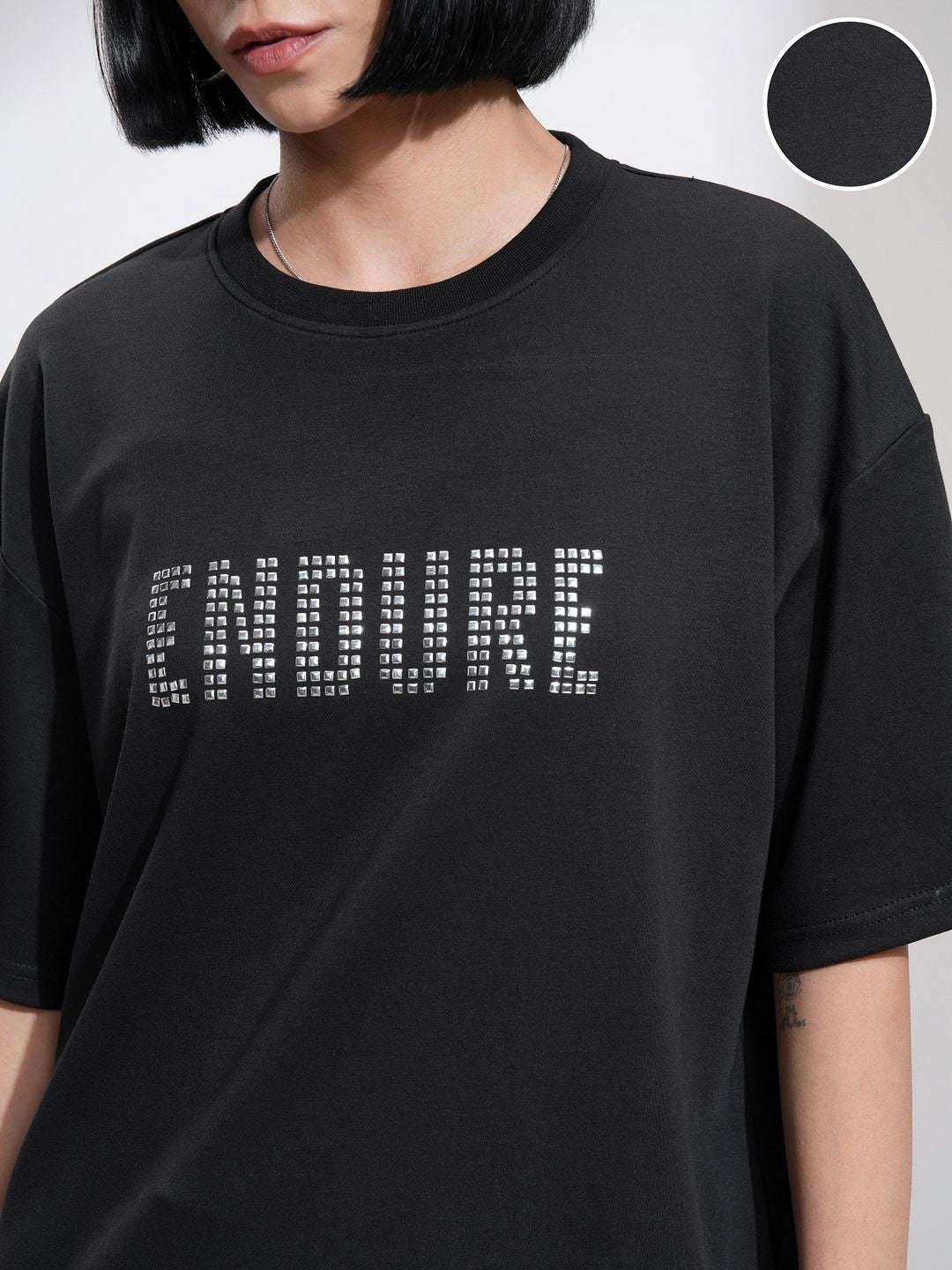 Street By Tokyo Talkies Women Solid Oversized Front Embellished T-Shirt