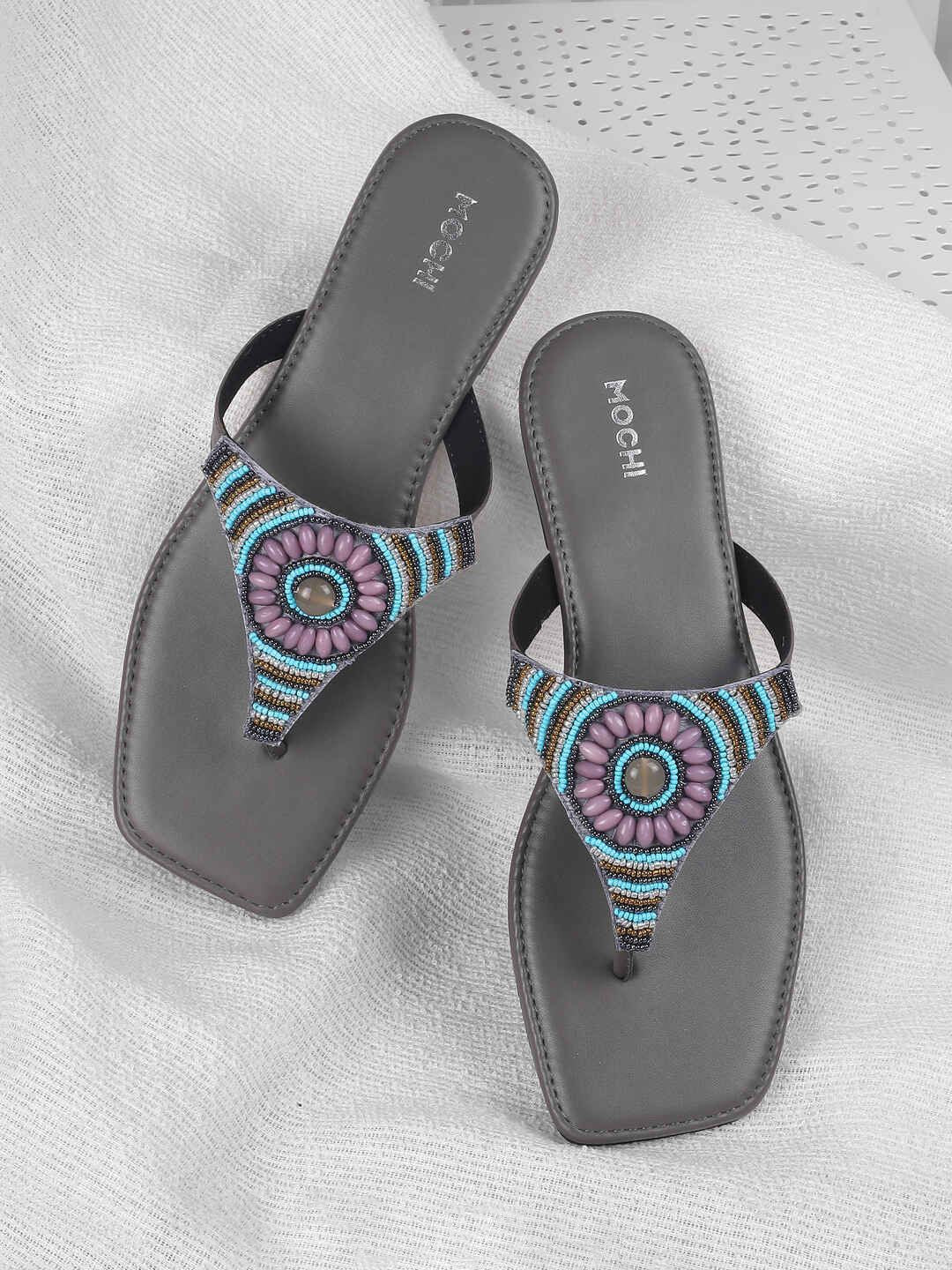 Mochi Women Embellished T-Strap Flats