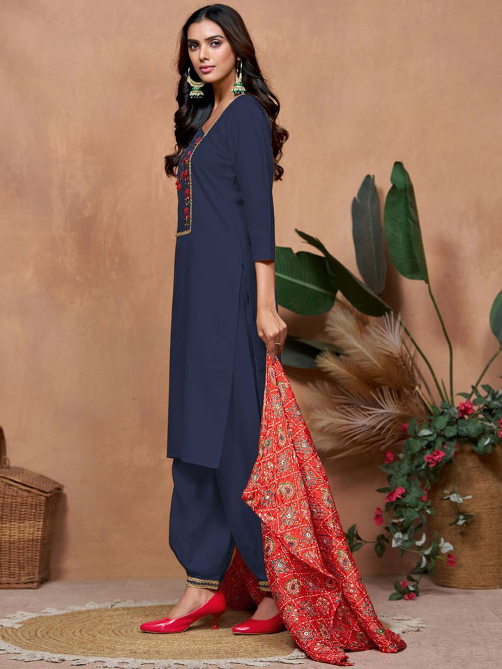 KALINI Ethnic Motifs Yoke Design Thread Work Straight Kurta With Salwar & Dupatta