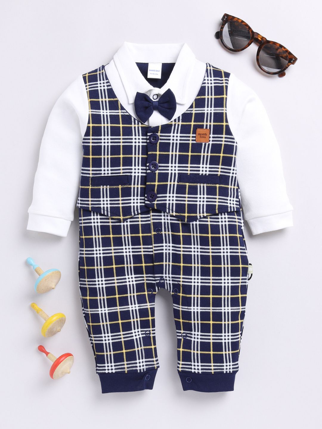 Moms Love Infant Boys Checked Pure Cotton Party Romper