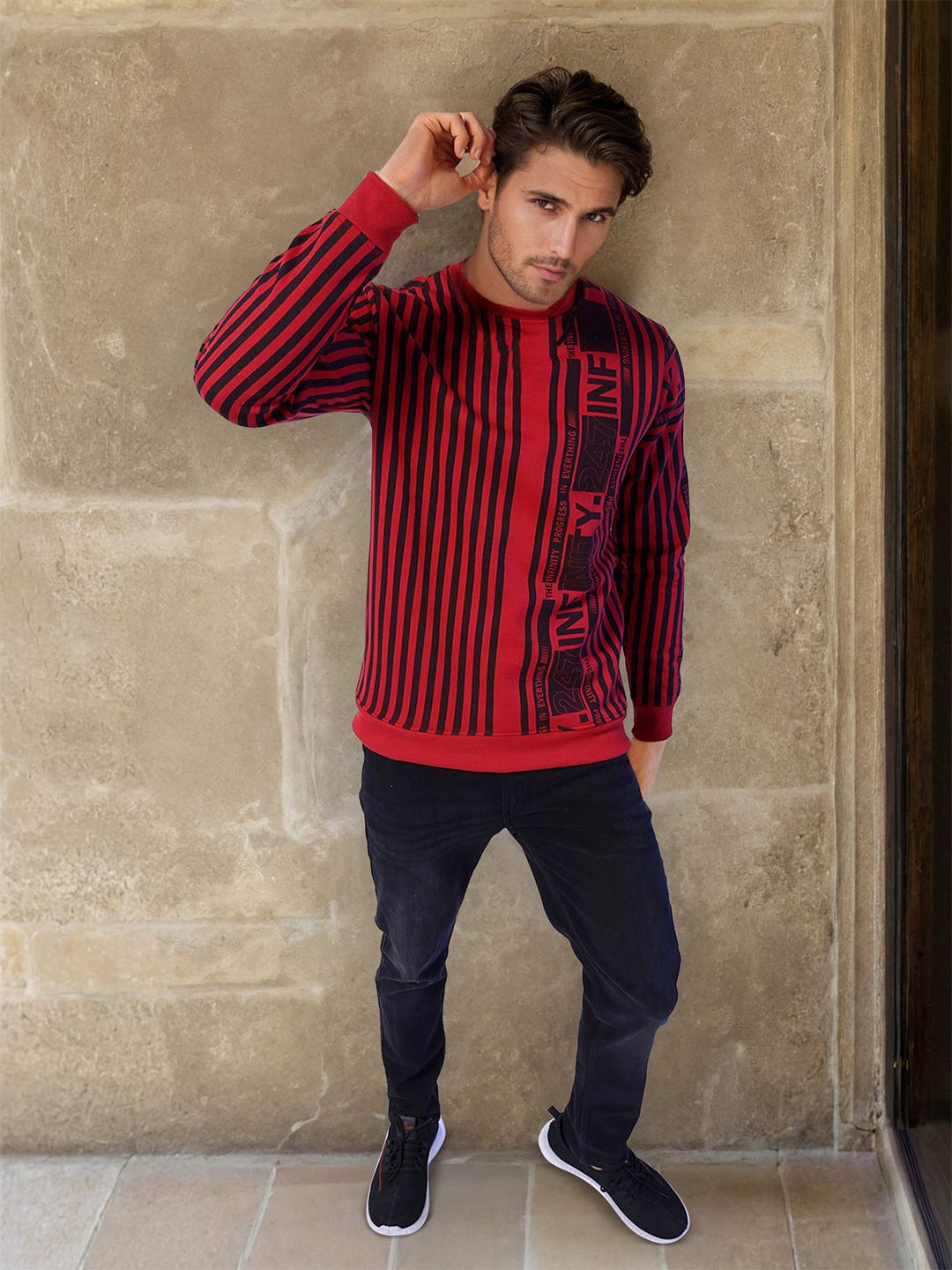 The Indian Garage Co Men Round Neck Striped Pullover Sweatshirt