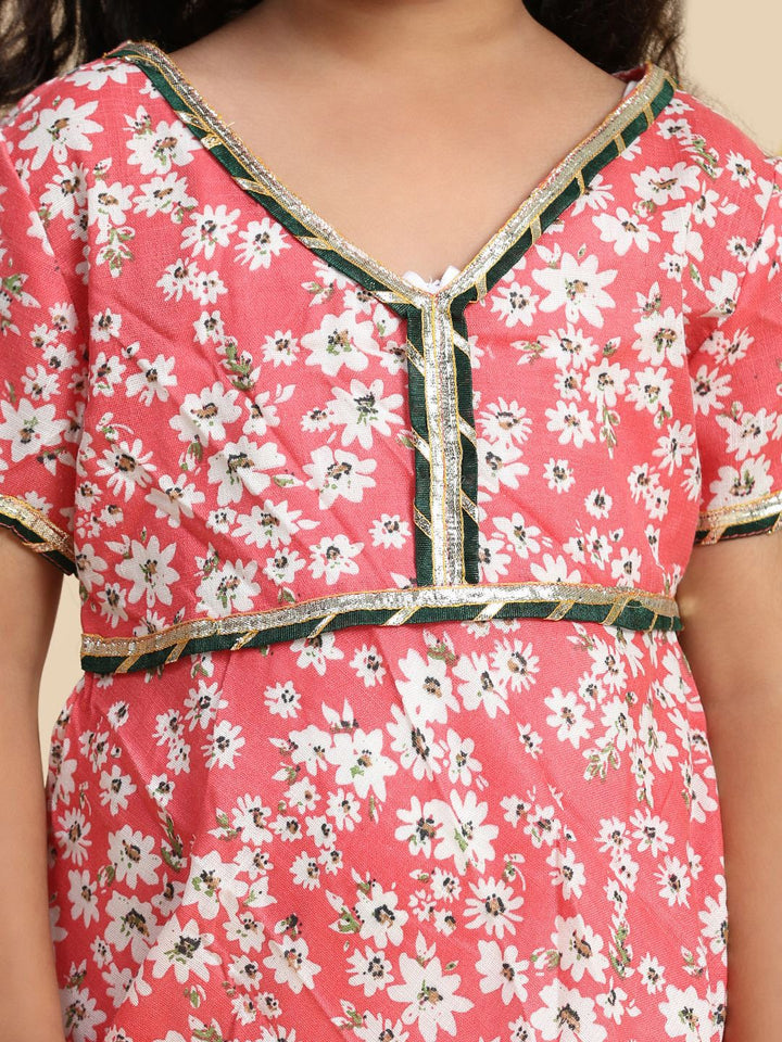 Cutiekins Girls Floral Printed Empire Gotta Patti A-Line Kurti with Sharara & Dupatta
