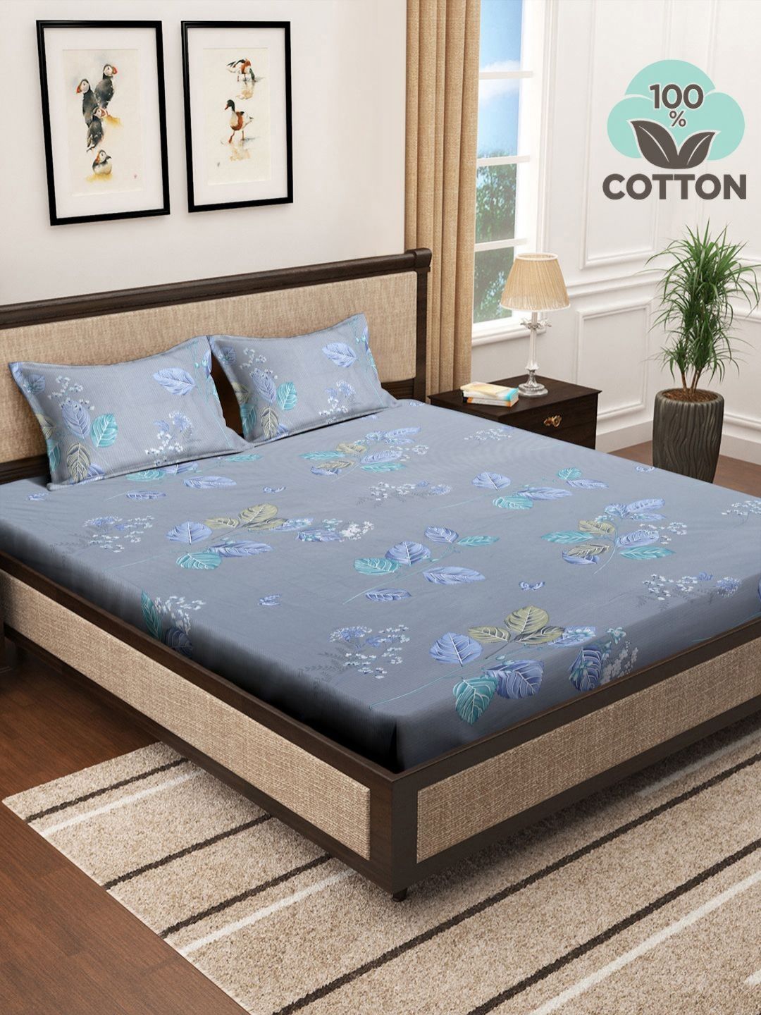 Myntra Elegant Homes Grey & Blue Floral Printed Flat 400 TC Cotton King Bedsheet with 2 Pillow Covers